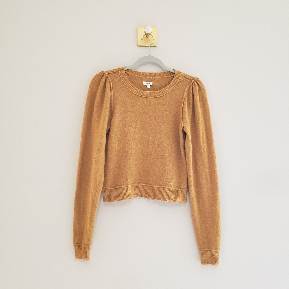 Aerie Sweater Women Small Mustard Yellow Distressed Cropped Long Sleeve Soft